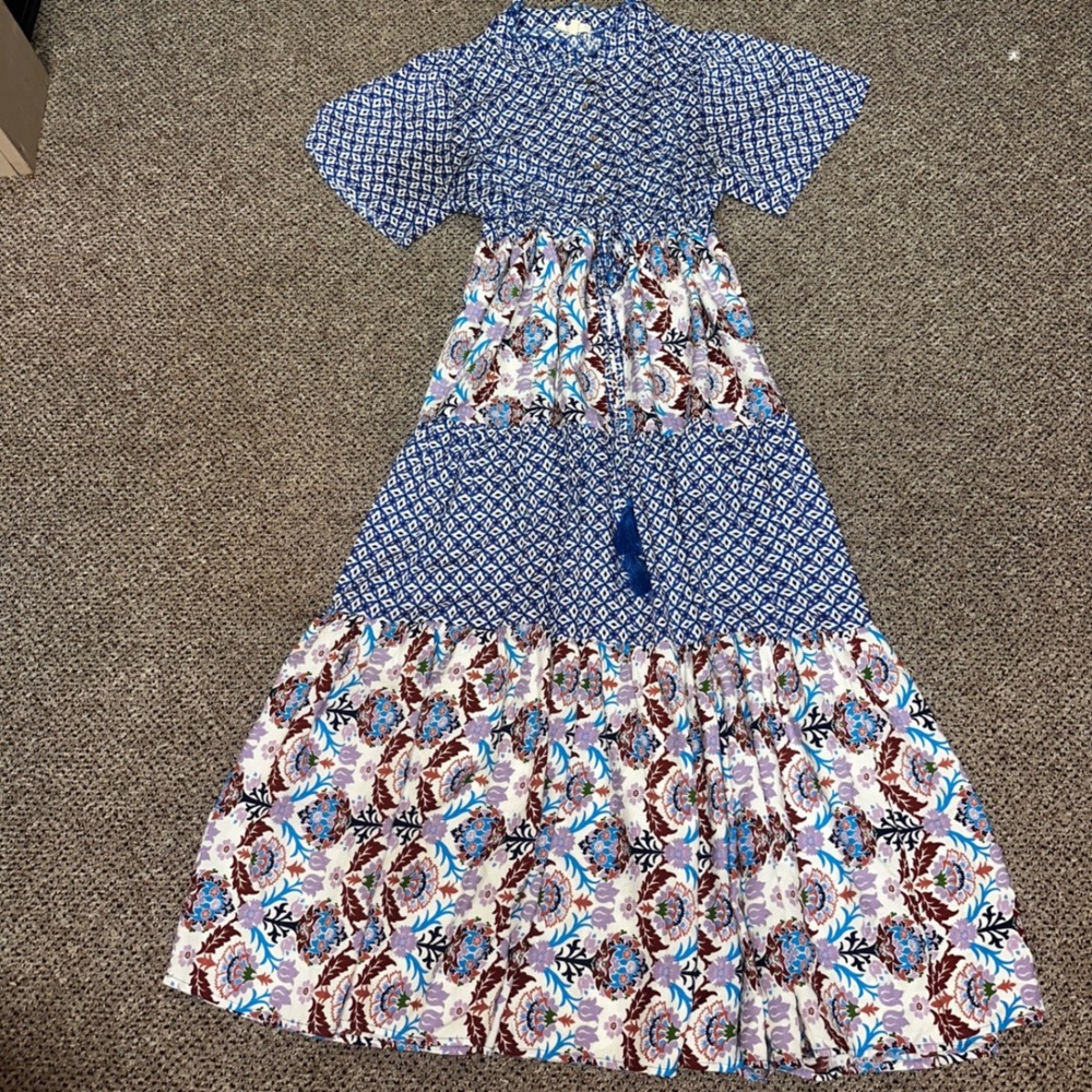Easel Los Angeles Mixed Print Tiered Maxi Dress Blue Floral Geometric Small